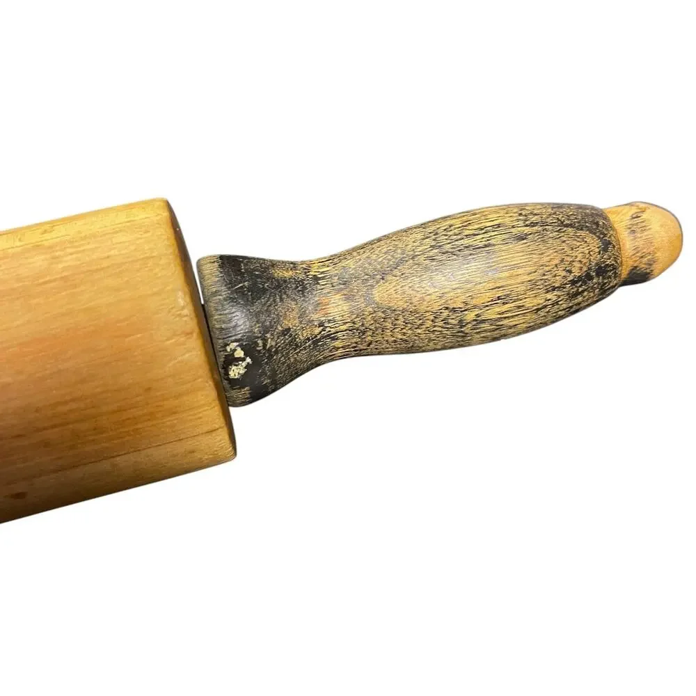 Vintage Solid Wood Rolling Pin Distressed Handles Primitive Farmhouse 18.5